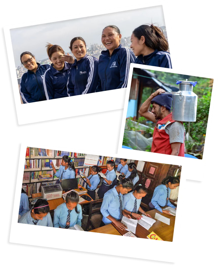 Three photographs of young girls in school, staff carrying milk from yaks and a classroom of school children